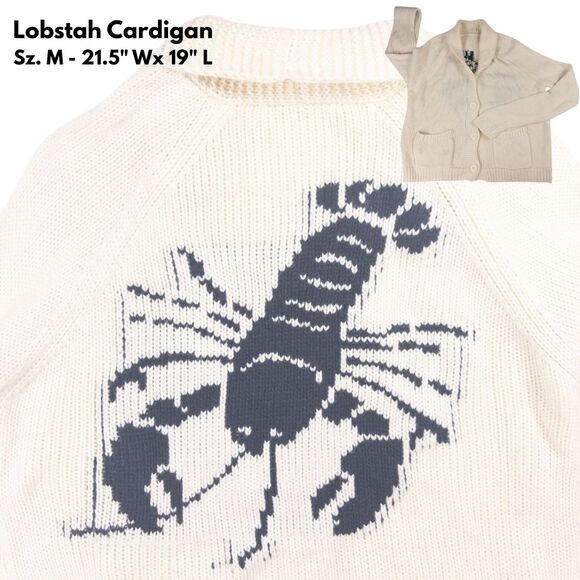 Coastal Lobster Knit Cardigan Button Front Patch Pocket Sweater M Nautical Print - Picture 1 of 6